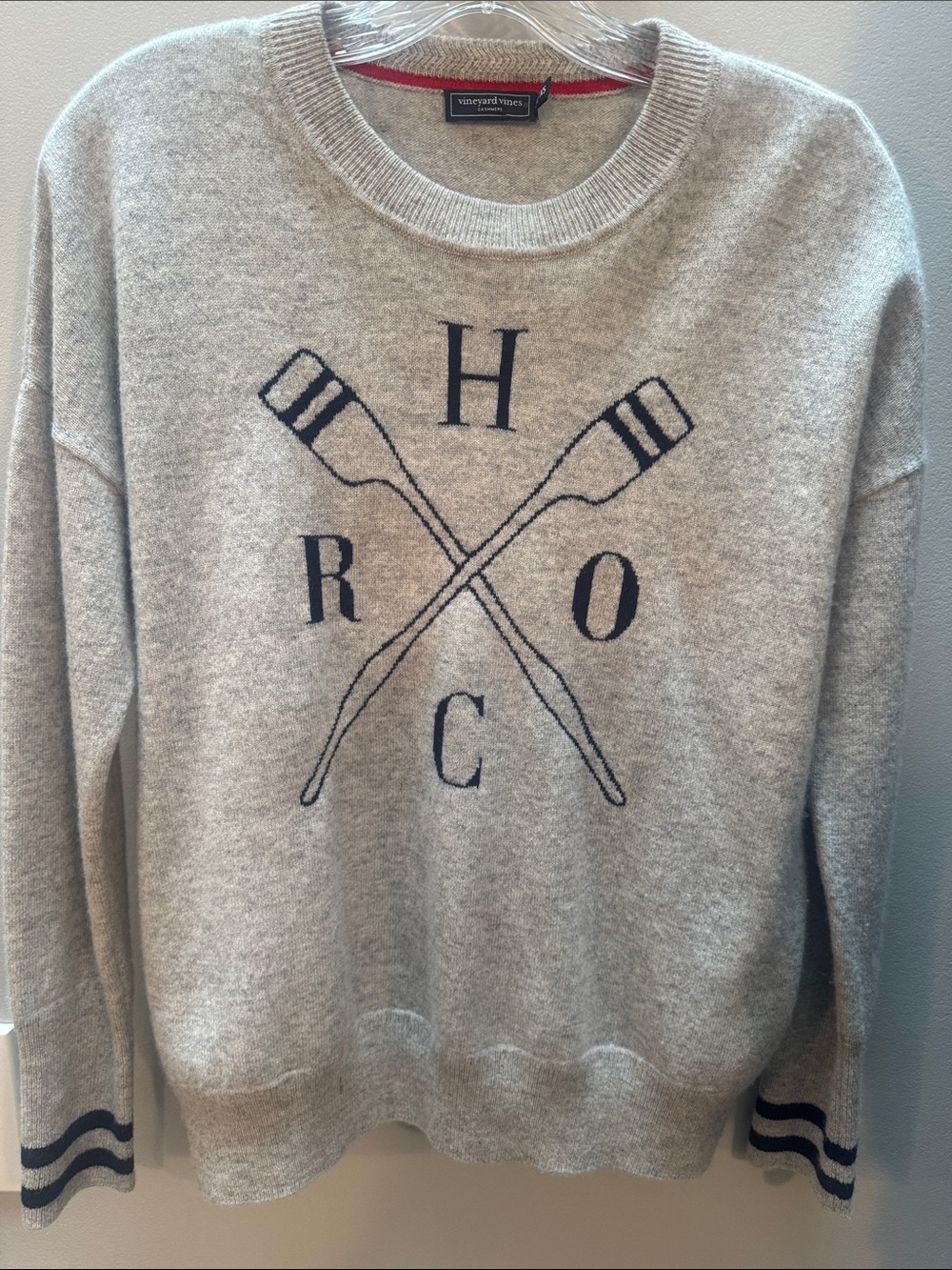 Vineyard Vines Heather Gray Crewneck Sweater with Navy Oar Graphic